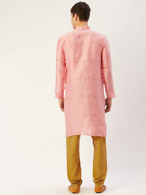 Jompers Men's Pink Coller Embroidered Woven Design Kurta Only
