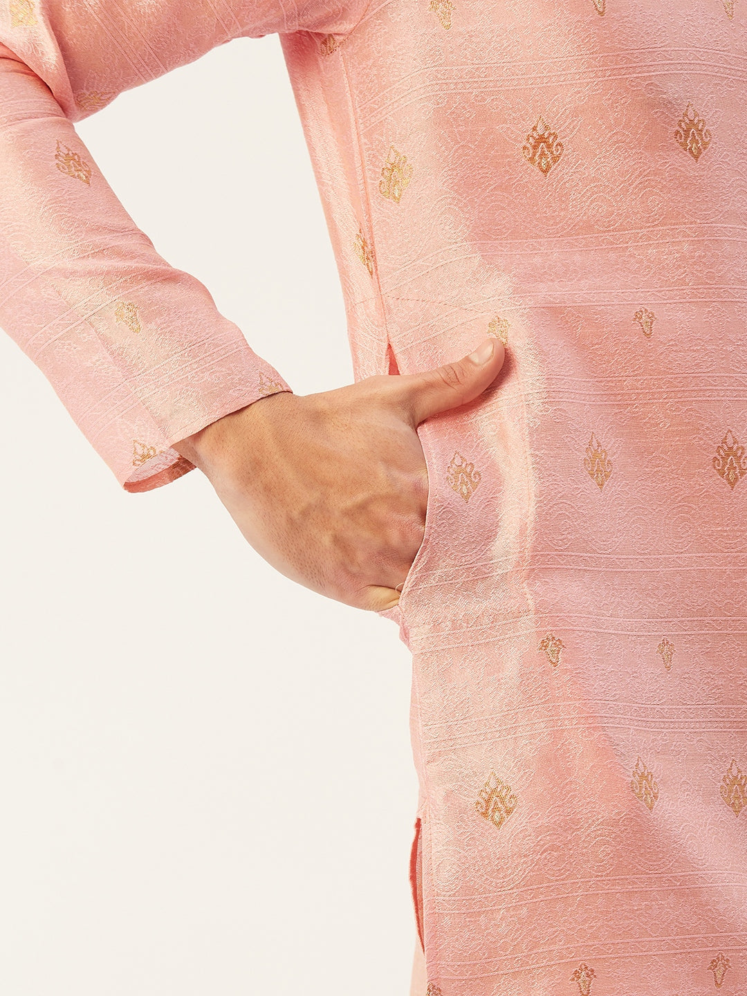 Jompers Men's Pink Coller Embroidered Woven Design Kurta Only