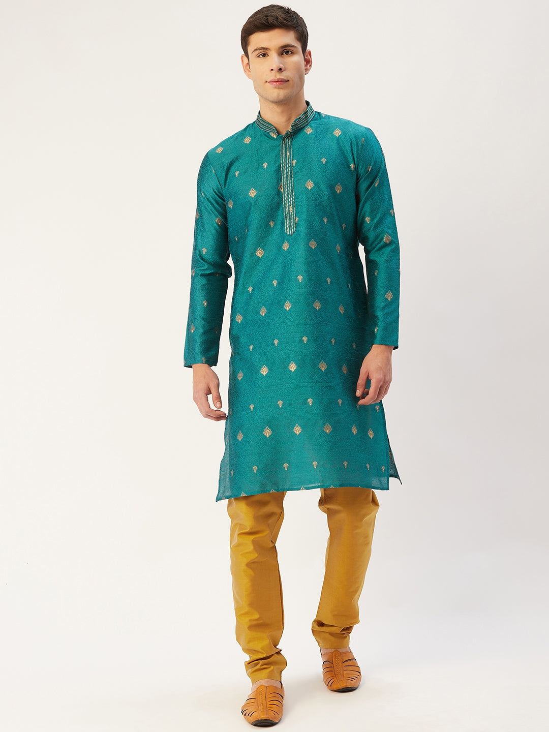 Jompers Men's Teal Coller Embroidered Woven Design Kurta Only