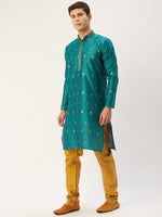 Thumbnail for Jompers Men's Teal Coller Embroidered Woven Design Kurta Only