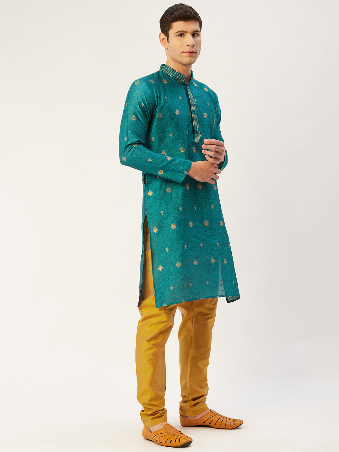 Jompers Men's Teal Coller Embroidered Woven Design Kurta Only