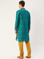 Thumbnail for Jompers Men's Teal Coller Embroidered Woven Design Kurta Only
