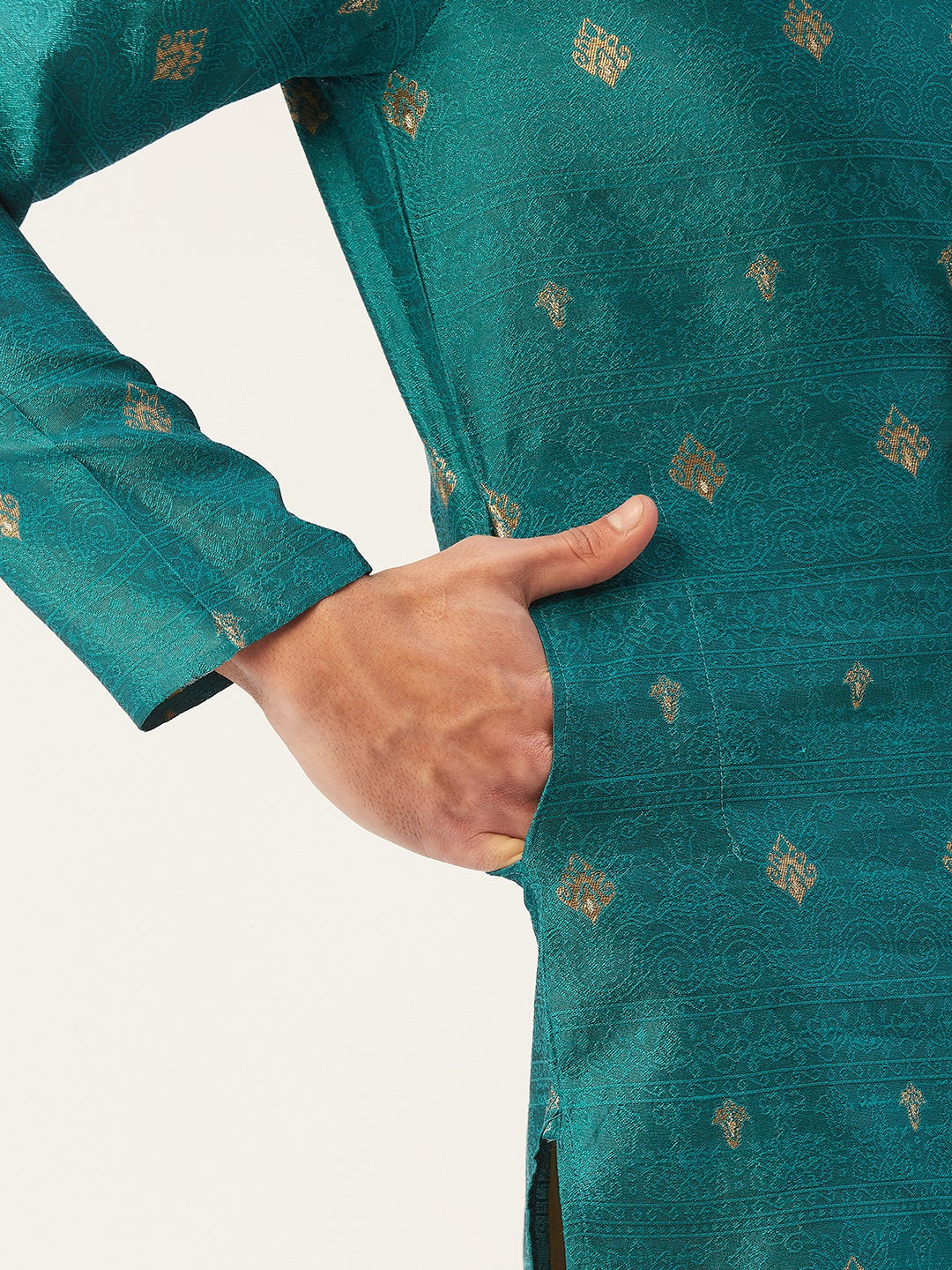 Jompers Men's Teal Coller Embroidered Woven Design Kurta Only