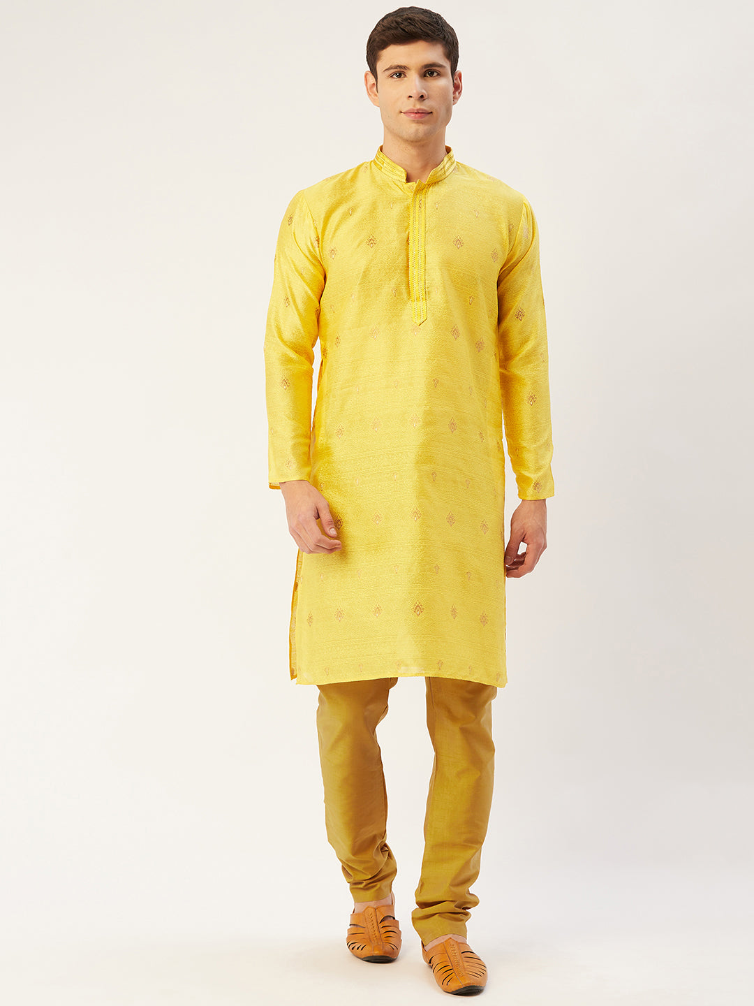 Jompers Men's Yellow Coller Embroidered Woven Design Kurta Only