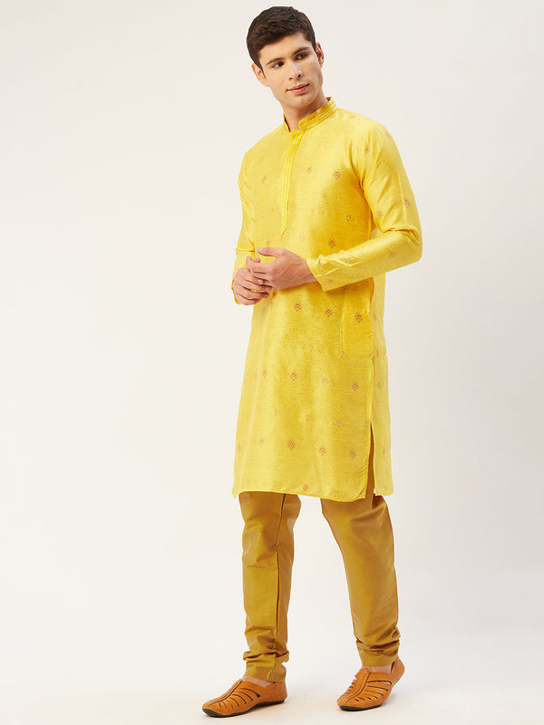 Jompers Men's Yellow Coller Embroidered Woven Design Kurta Pyjama