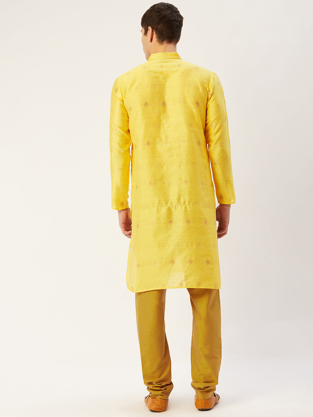 Jompers Men's Yellow Coller Embroidered Woven Design Kurta Pyjama