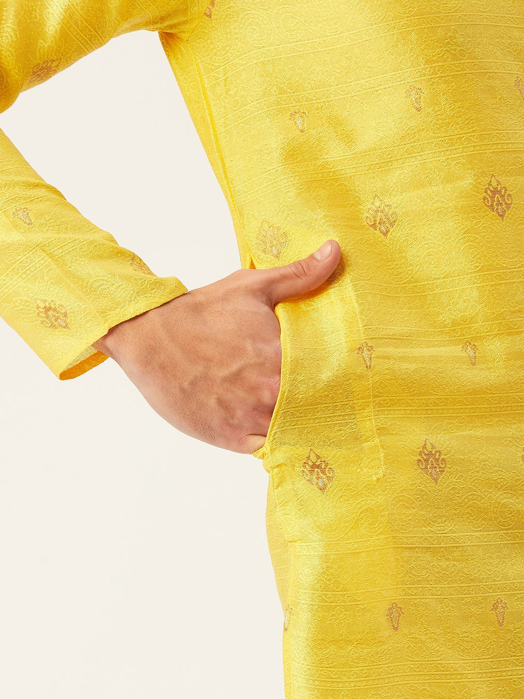 Jompers Men's Yellow Coller Embroidered Woven Design Kurta Only