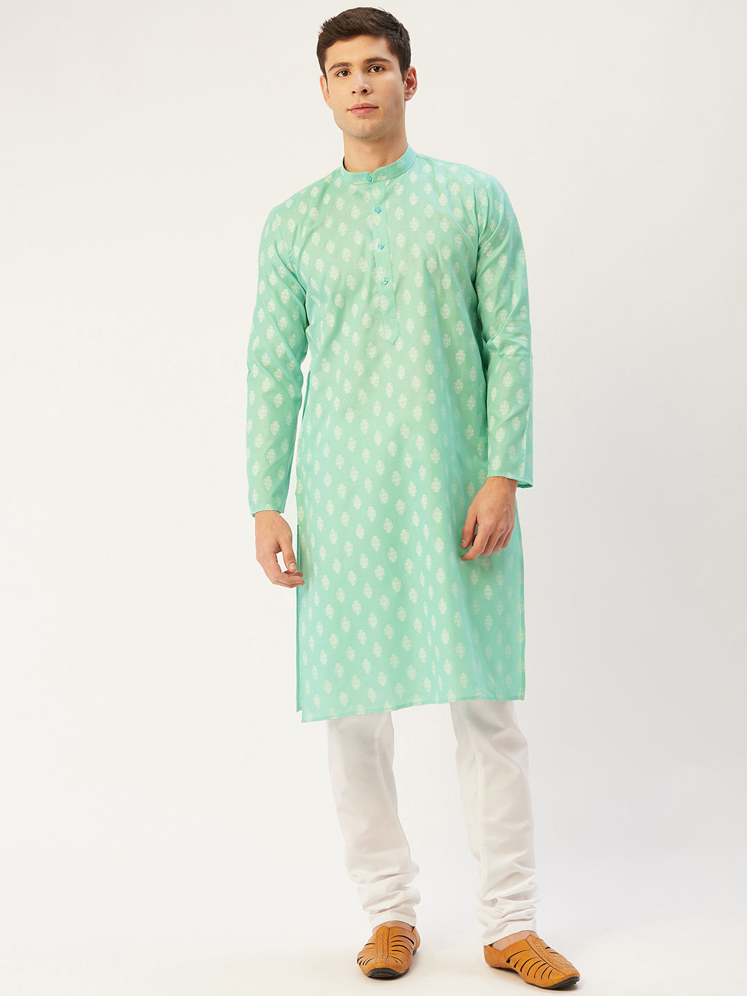 Jompers Men's Green Cotton Floral printed kurta Only