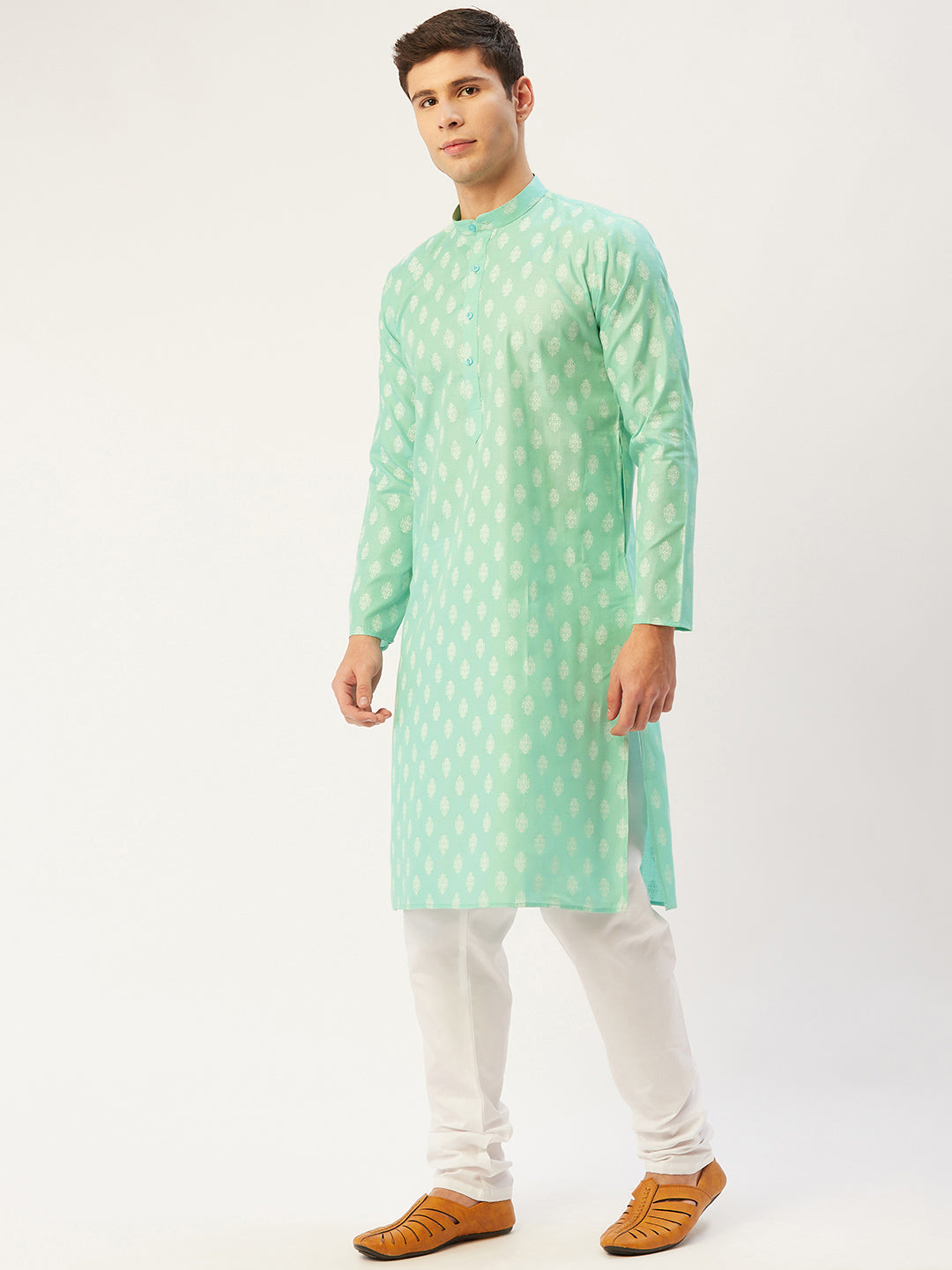 Jompers Men's Green Cotton Floral Printed kurta Pyjama Set