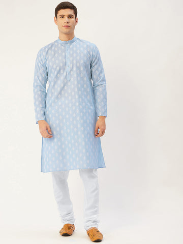 Jompers Men's Sky Cotton Floral Printed kurta Pyjama Set