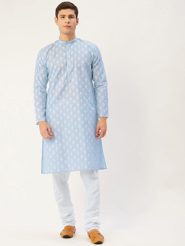 Jompers Men's Sky Cotton Floral Printed kurta Pyjama Set