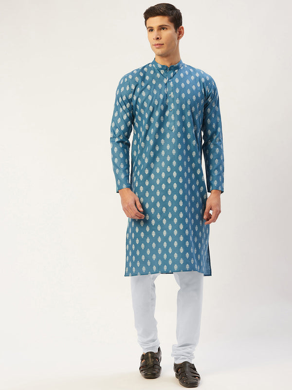 Jompers Men's Teal Cotton Floral printed kurta Pyjama Set