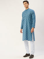 Thumbnail for Jompers Men's Teal Cotton Floral printed kurta Pyjama Set