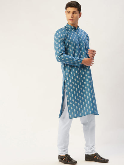 Jompers Men's Teal Cotton Floral printed kurta Pyjama Set