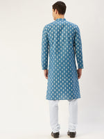 Thumbnail for Jompers Men's Teal Cotton Floral printed kurta Pyjama Set