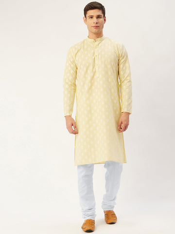 Jompers Men's Yellow Cotton Floral printed kurta Pyjama Set