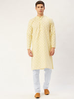 Thumbnail for Jompers Men's Yellow Cotton Floral printed kurta Pyjama Set
