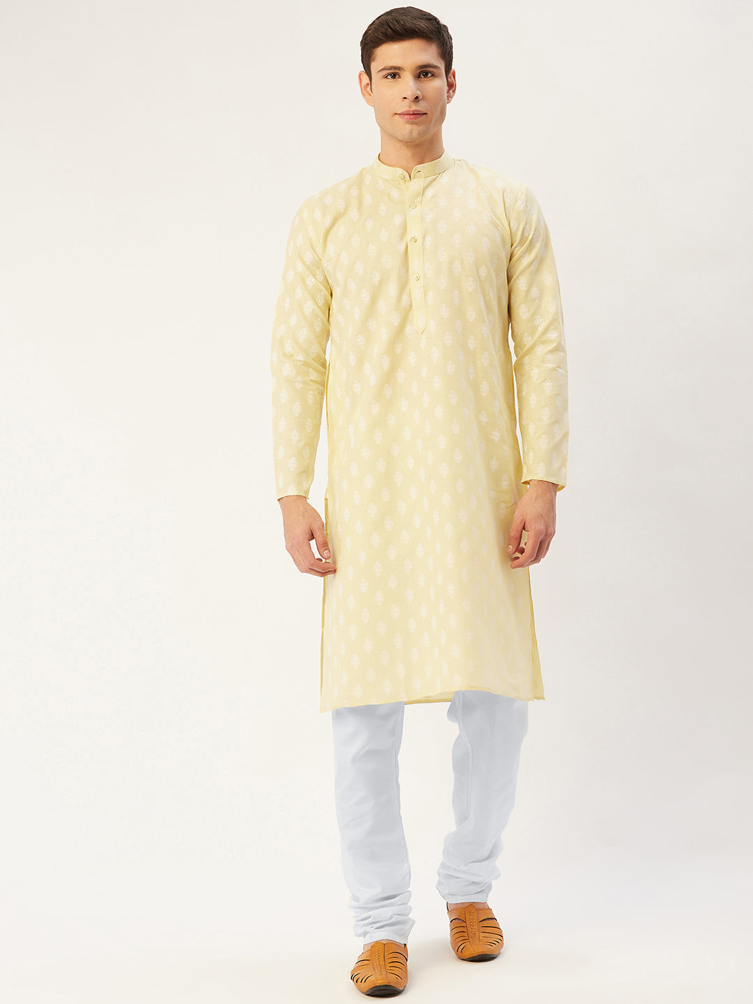 Jompers Men's Yellow Cotton Floral printed kurta Only