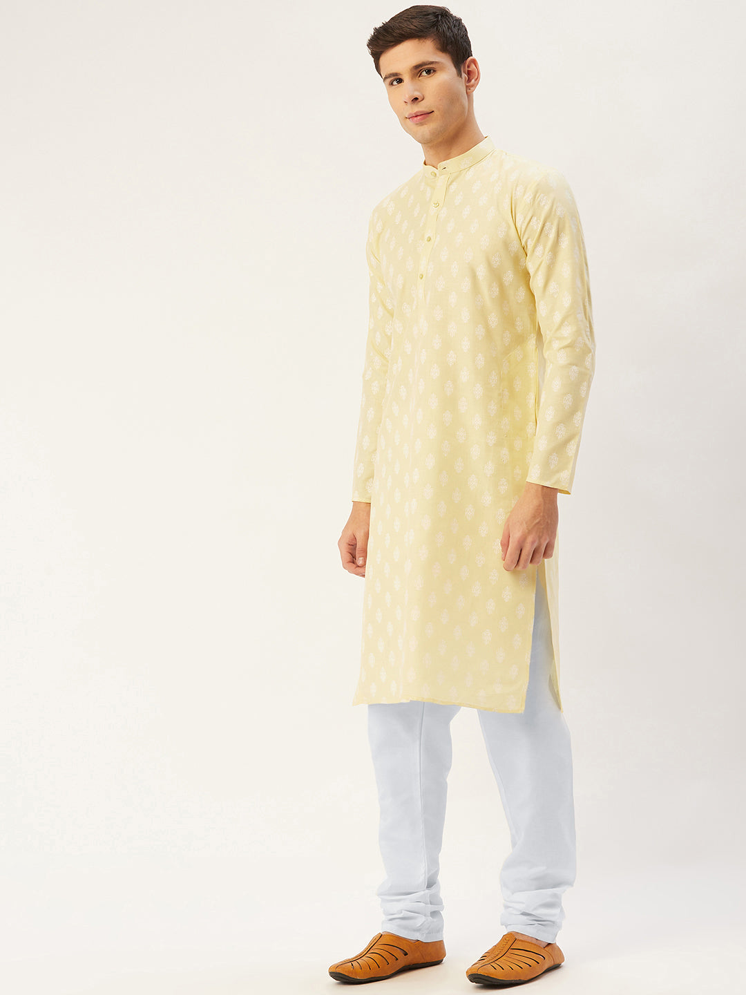 Jompers Men's Yellow Cotton Floral printed kurta Pyjama Set