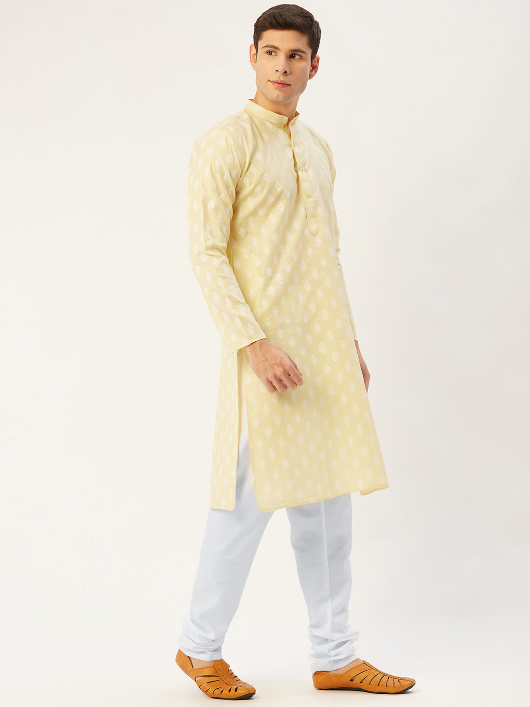 Jompers Men's Yellow Cotton Floral printed kurta Pyjama Set