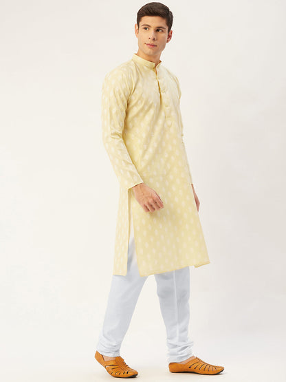 Jompers Men's Yellow Cotton Floral printed kurta Pyjama Set