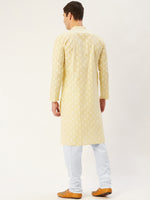 Thumbnail for Jompers Men's Yellow Cotton Floral printed kurta Pyjama Set