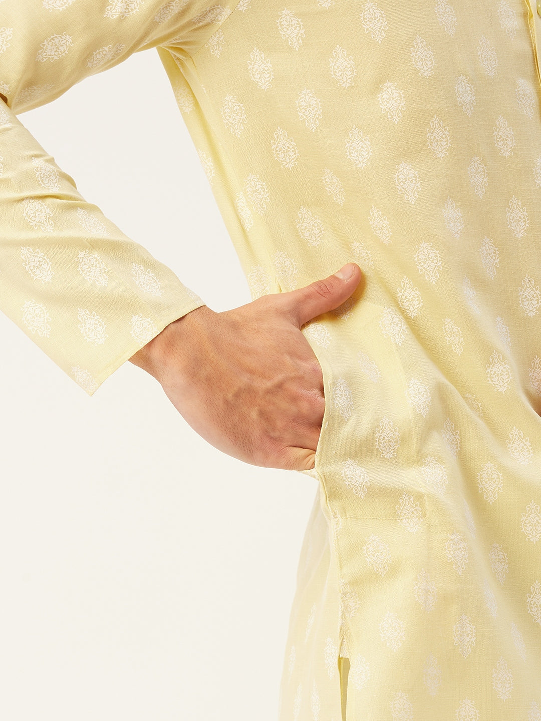 Jompers Men's Yellow Cotton Floral printed kurta Pyjama Set