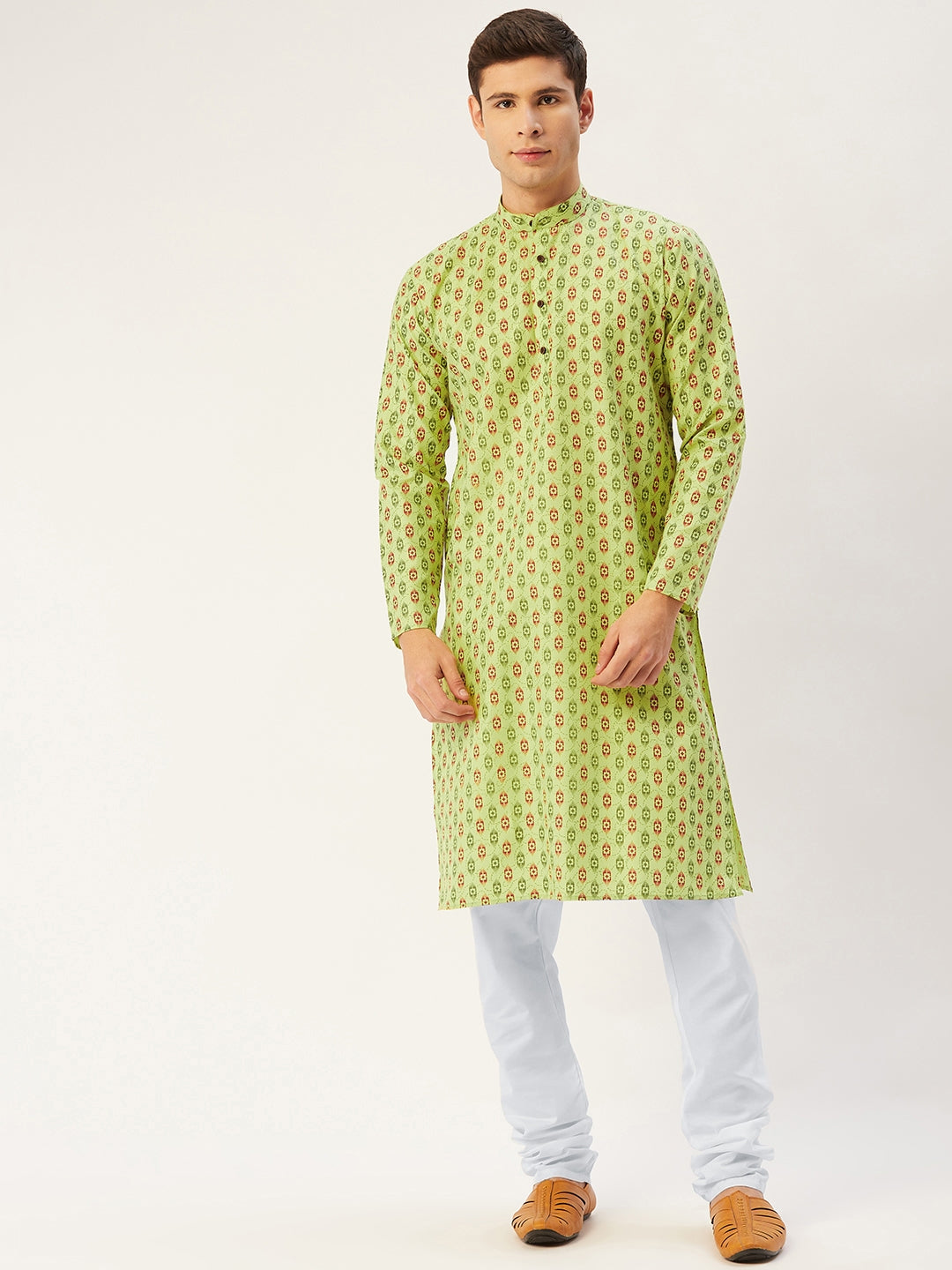 Jompers Men's Green Cotton Ikat printed kurta Pyjama Set