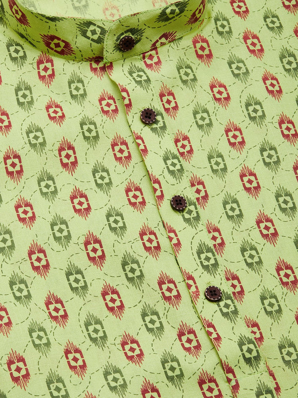Jompers Men's Green Cotton Ikat printed kurta Pyjama Set