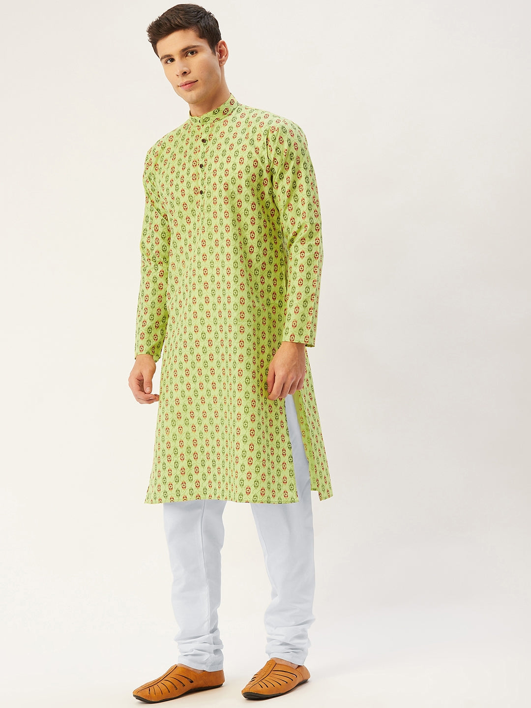 Jompers Men's Green Cotton Ikat printed kurta Pyjama Set
