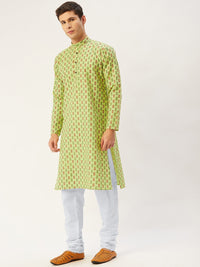 Thumbnail for Jompers Men's Green Cotton Ikat printed kurta Pyjama Set