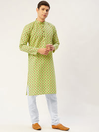 Thumbnail for Jompers Men's Green Cotton Ikat printed kurta Pyjama Set