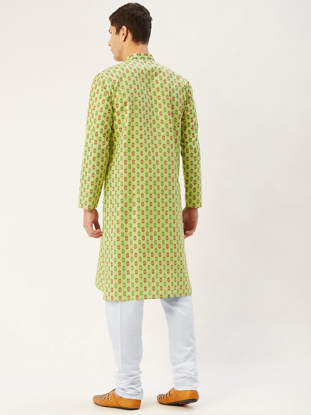 Jompers Men's Green Cotton Ikat printed kurta Only