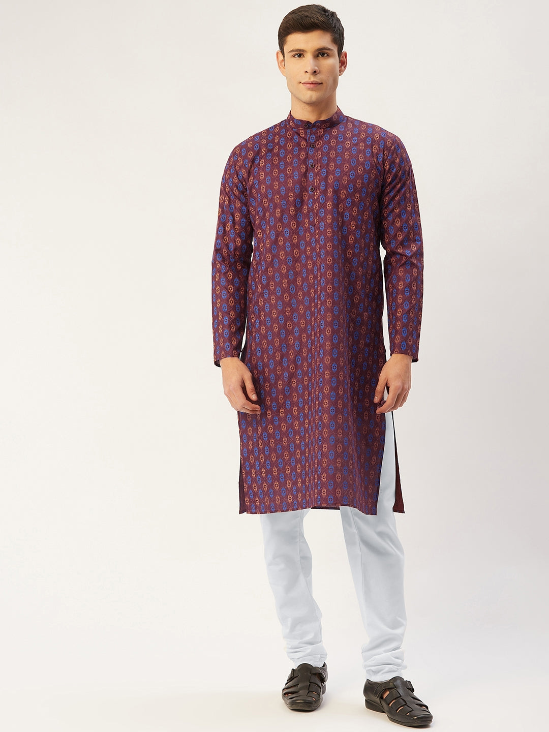 Jompers Men's Maroon Cotton Ikat printed kurta Only