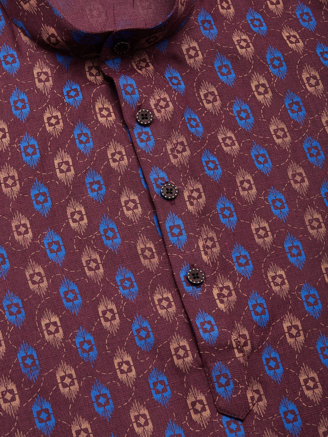 Jompers Men's Maroon Cotton Ikat printed kurta Pyjama Set