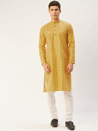 Thumbnail for Jompers Men's Mustard Cotton Ikat printed kurta Pyjama Set