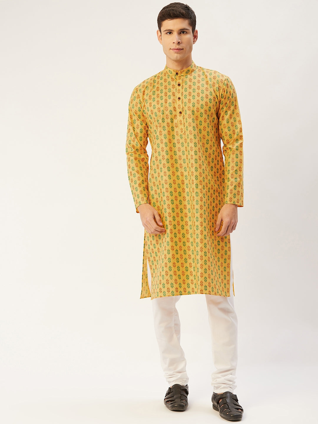 Jompers Men's Mustard Cotton Ikat printed kurta Only