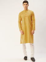 Thumbnail for Jompers Men's Mustard Cotton Ikat printed kurta Only