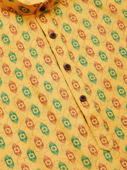 Jompers Men's Mustard Cotton Ikat printed kurta Pyjama Set