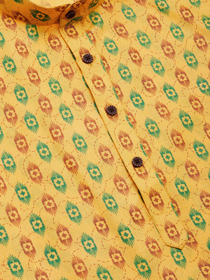 Jompers Men's Mustard Cotton Ikat printed kurta Only