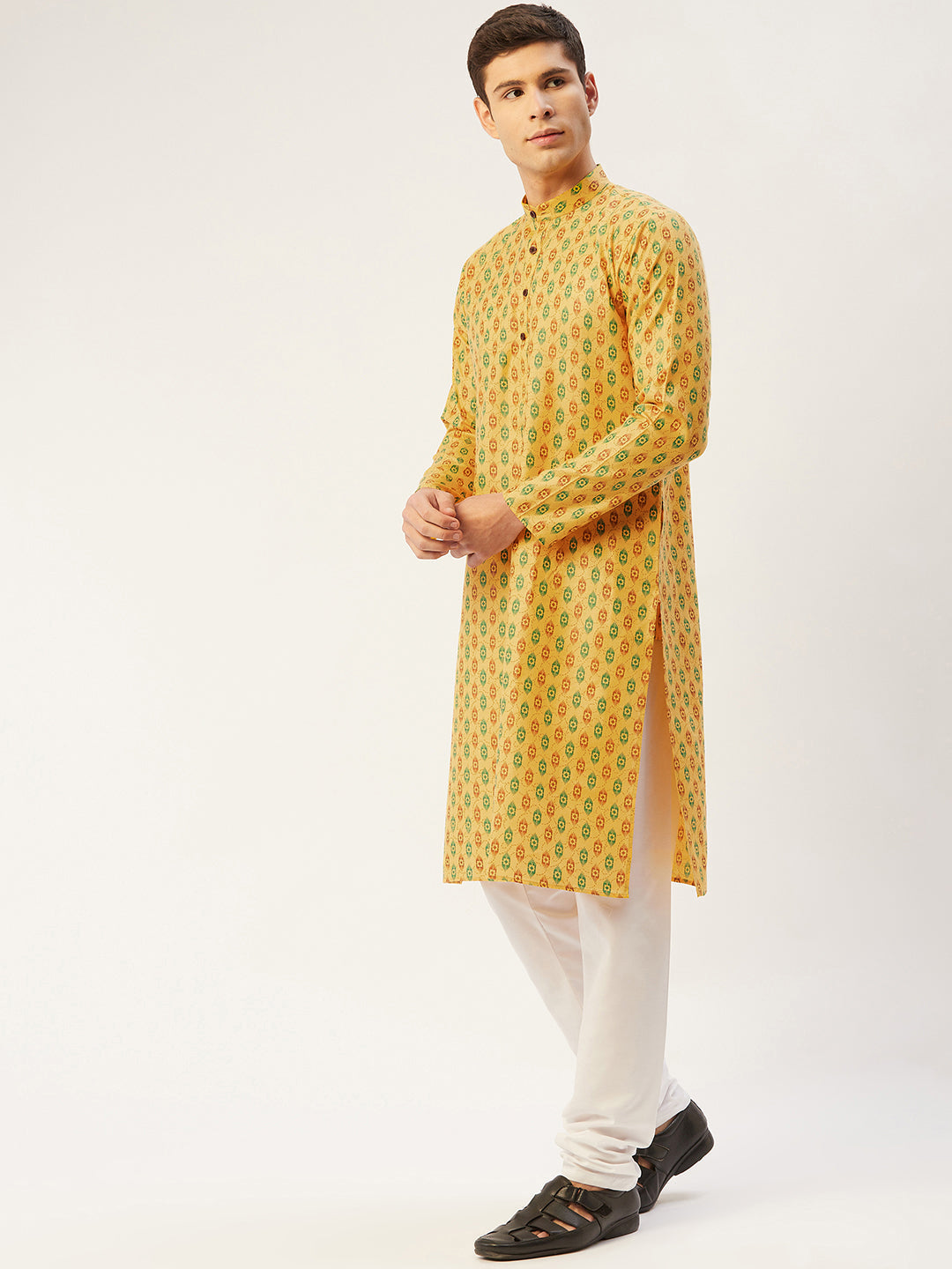 Jompers Men's Mustard Cotton Ikat printed kurta Only