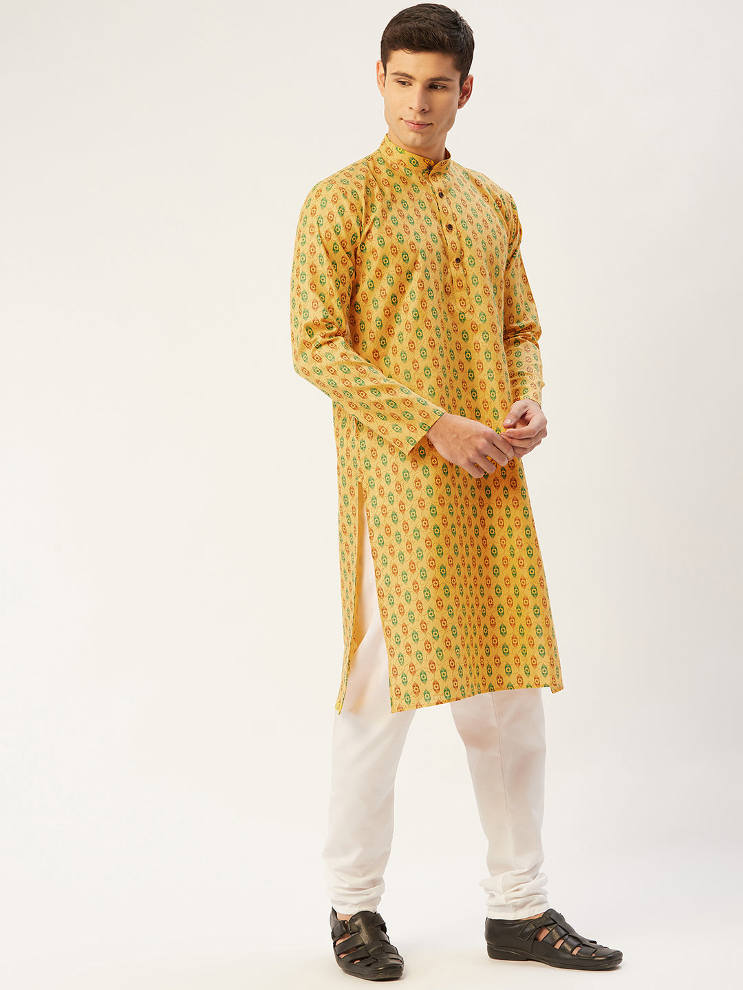Jompers Men's Mustard Cotton Ikat printed kurta Only