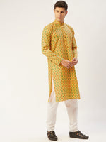 Thumbnail for Jompers Men's Mustard Cotton Ikat printed kurta Only