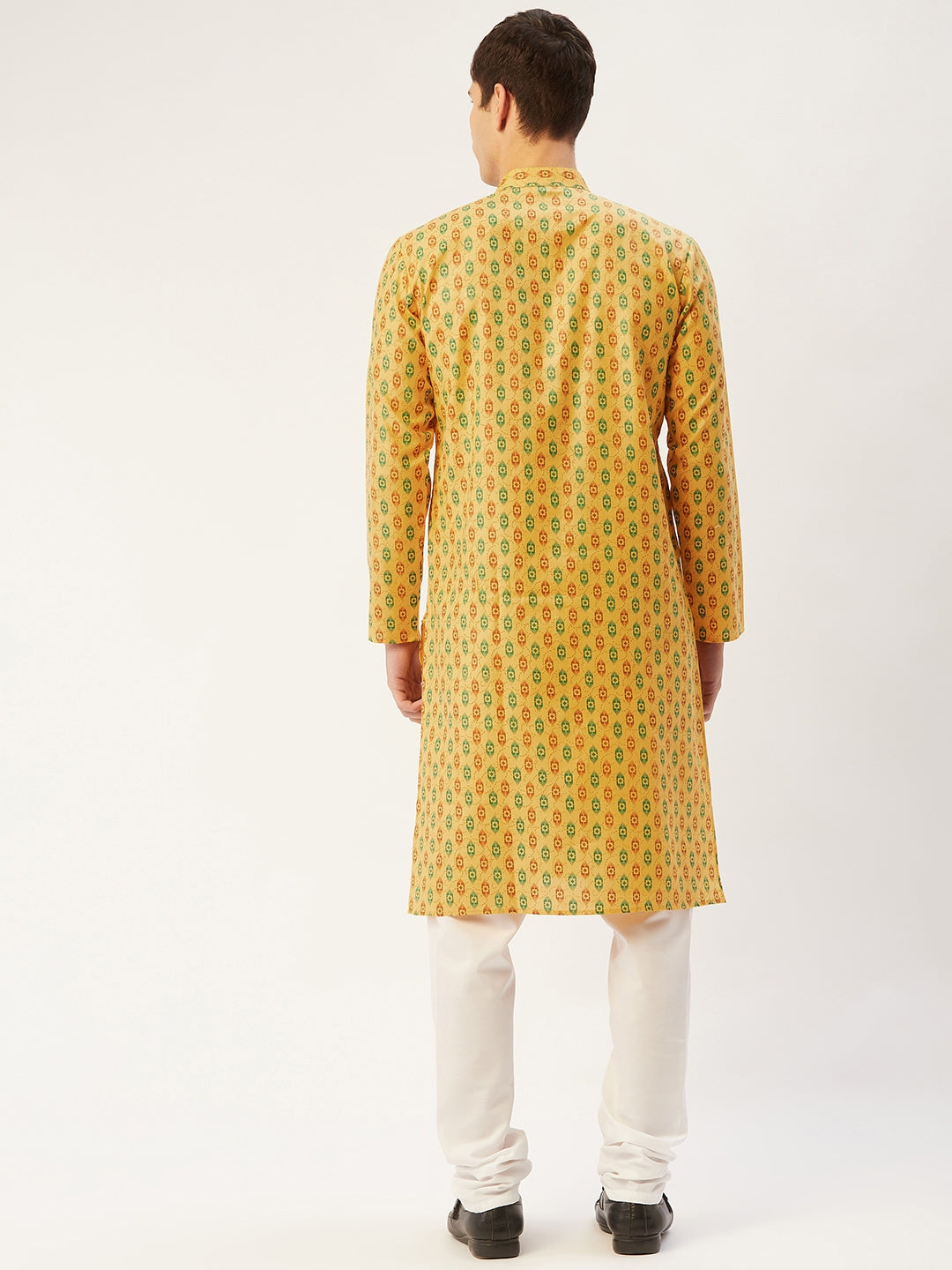 Jompers Men's Mustard Cotton Ikat printed kurta Pyjama Set