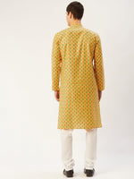 Thumbnail for Jompers Men's Mustard Cotton Ikat printed kurta Only