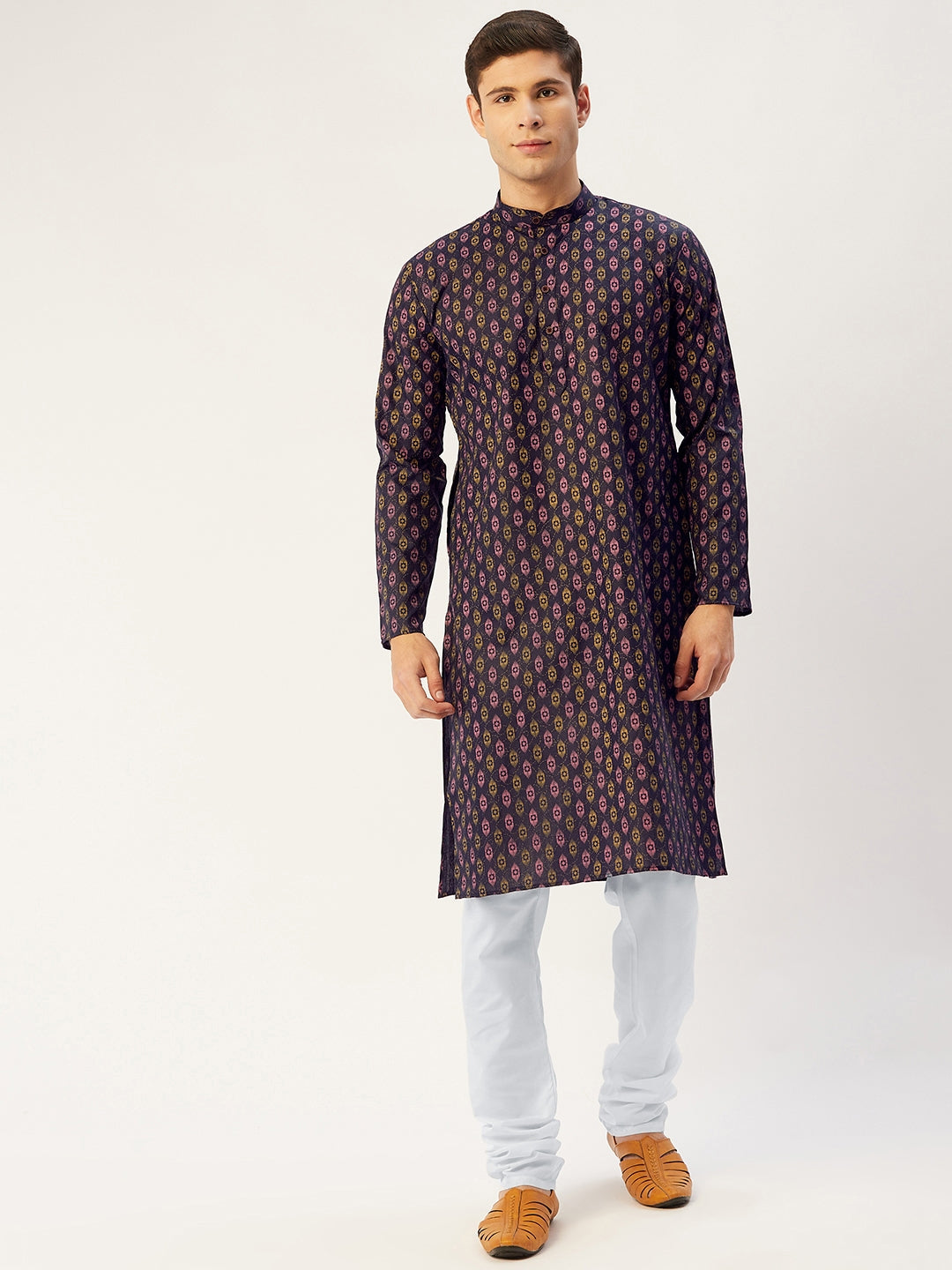 Jompers Men's Navy Cotton Ikat printed kurta Only
