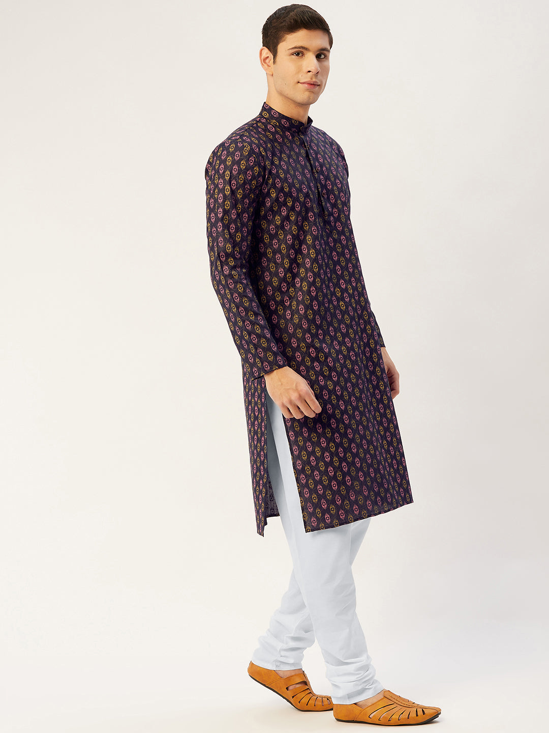Jompers Men's Navy Cotton Ikat printed kurta Only