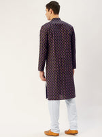 Thumbnail for Jompers Men's Navy Cotton Ikat printed kurta Only
