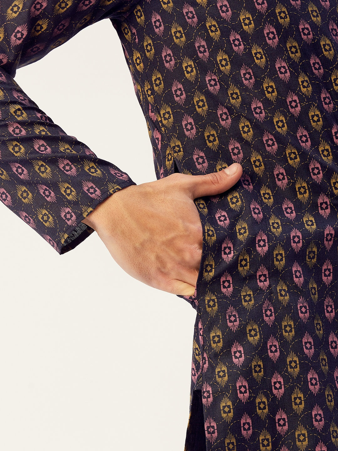 Jompers Men's Navy Cotton Ikat printed kurta Only