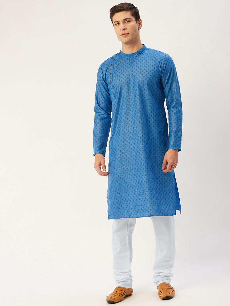 Jompers Men&#39;s Blue Cotton printed kurta Only